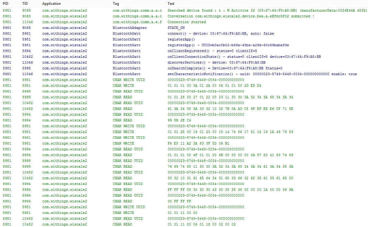 Bluetooth LE Authentifizierungs- und Synchronisierungsverfahren; Logcat Auszug