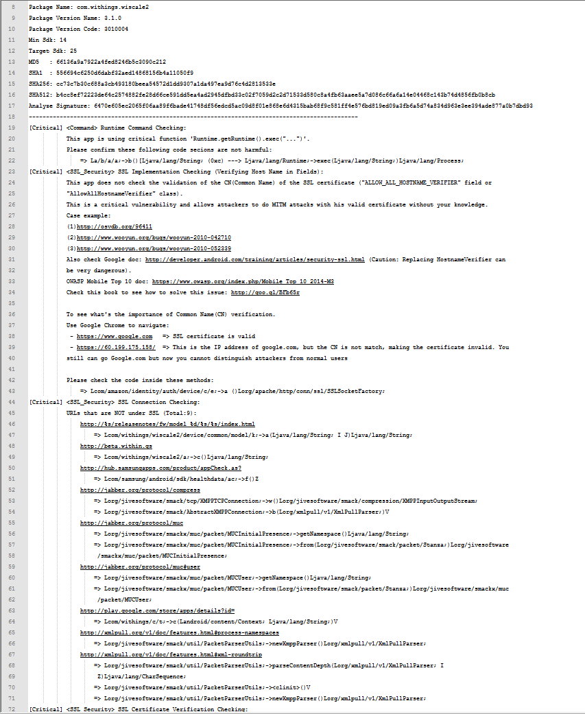 Ergebnisprotokollauszug aus der statischen Anwendungsanalyse