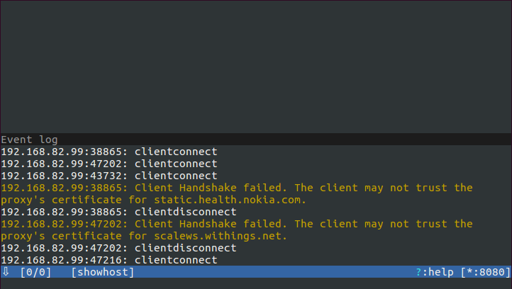 Ereignisprotokoll von mitmproxy; Handshake mit Nokia und Withings Servern ist aufgrund eines abgelehnten Zertifikats fehlgeschlagen