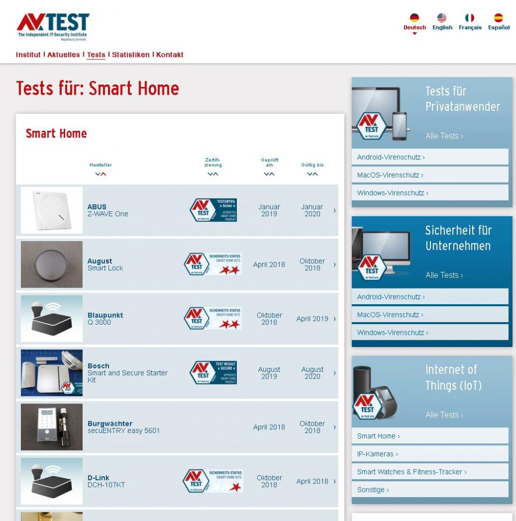 Welche Smart Home- und Iot-Produkte bieten gute überprüfte und getestete Sicherheit? Die IoT-Produkttabellen auf der Homepage von AV-TEST geben Auskunft.