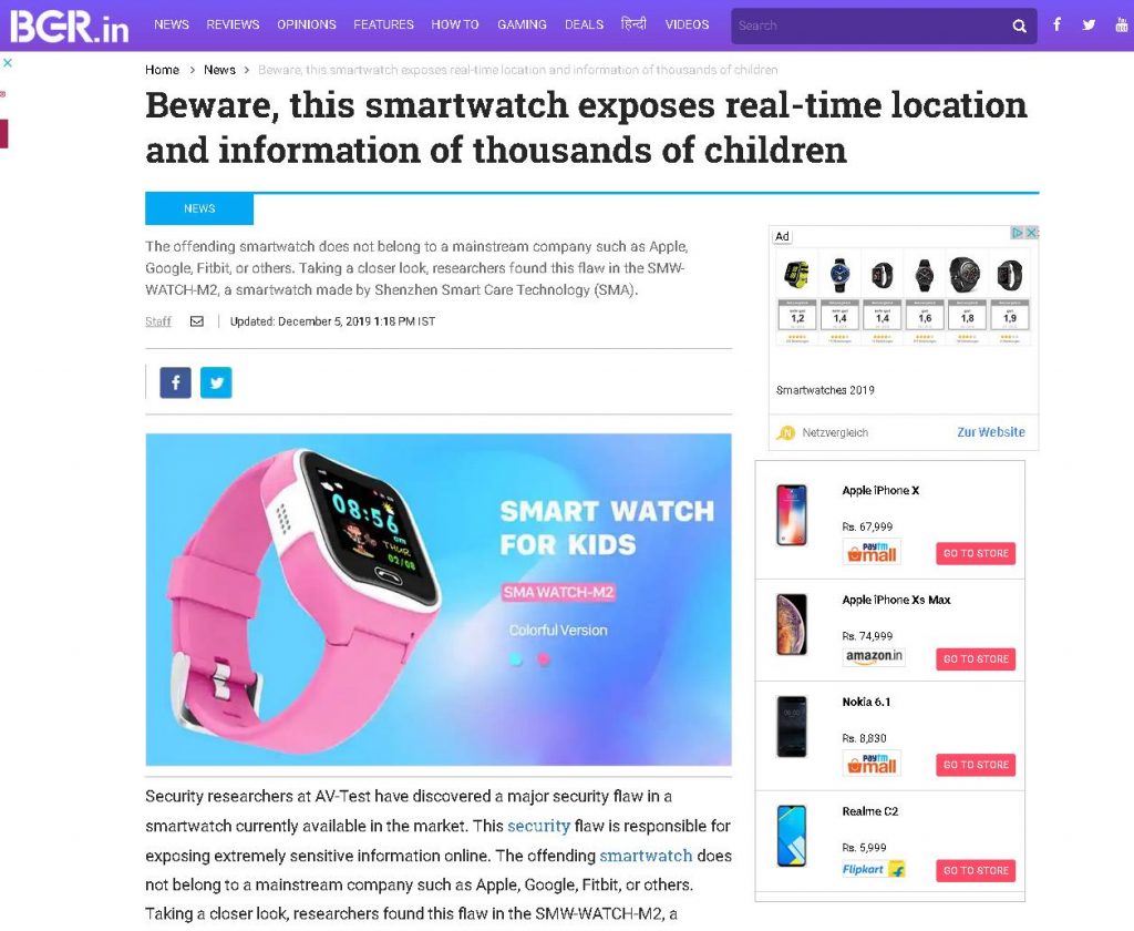 According to information from AV-TEST's IoT Test Lab, TV, print and online media around the globe warned of a dangerous children's watch.