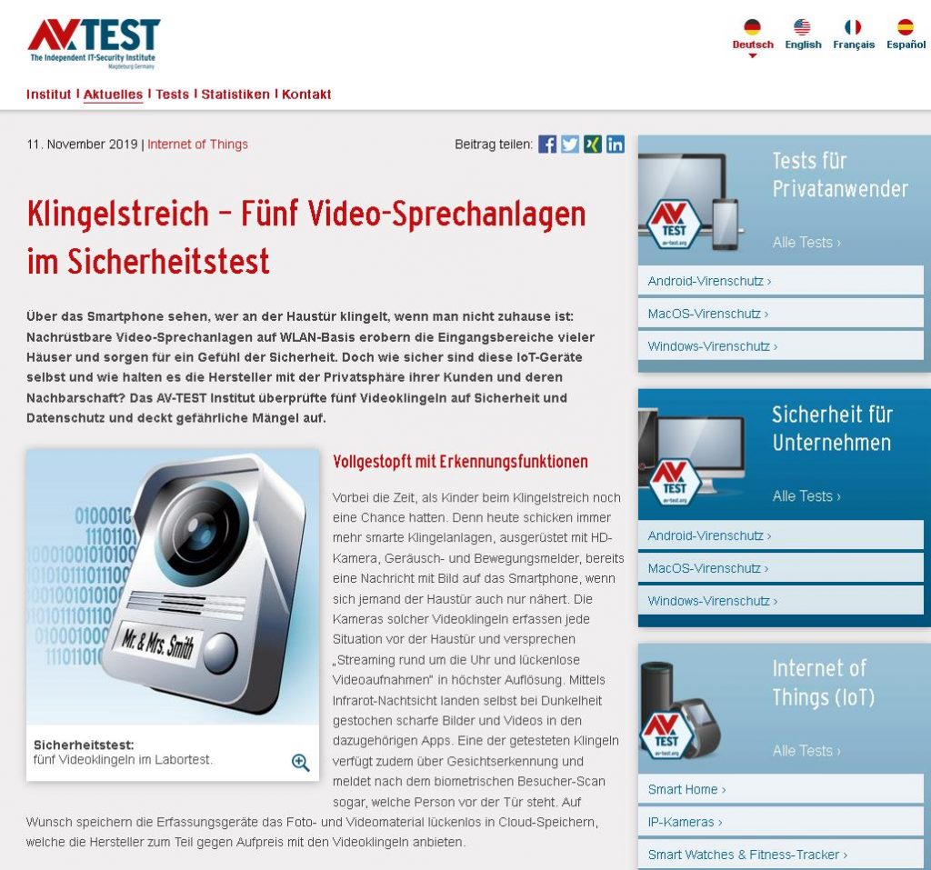 Im zweiten Test 2019 nahmen die Experten des IoT-Labs die Sicherheit von Video-Türklingeln unter Lupe.