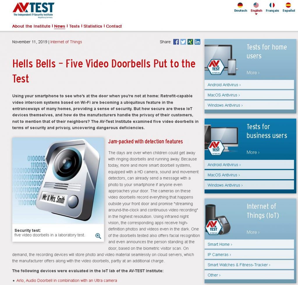 In the second test in 2019, the experts from the IoT Lab took a close look at the security of video doorbells.