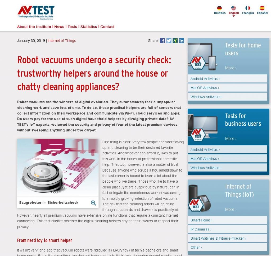 The first comparative test this year examined the securityof vacuum robots.